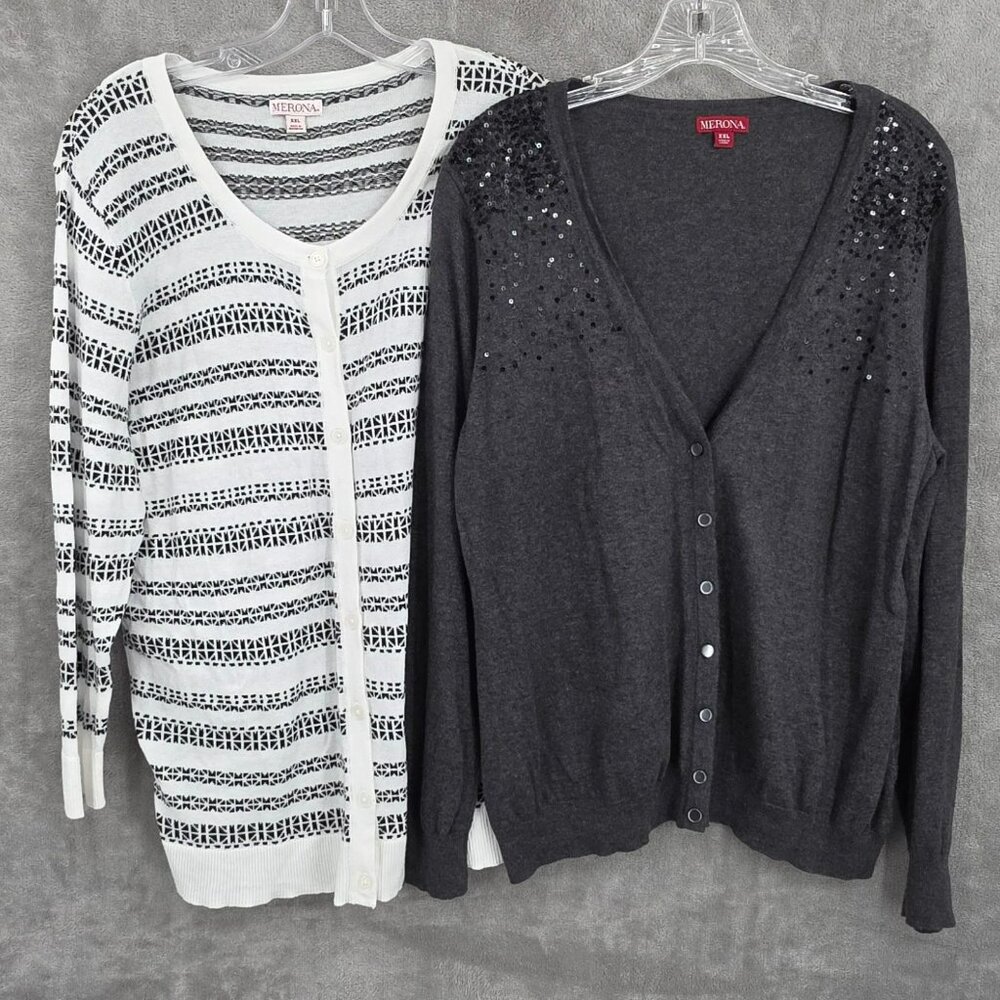 Merona Cardigan Sweater Bundle XXL Black White Grey Stripe Bling Button Up Knit